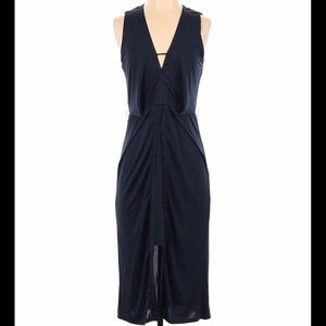 Pink Stitch pleated low v-neck sleeveless (navy) blue midi dress size 2